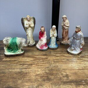 Vintage Chalkware Nativity Set 6 Pieces Mary Joseph Angel Magi 1 Of 3‎ Wisemen